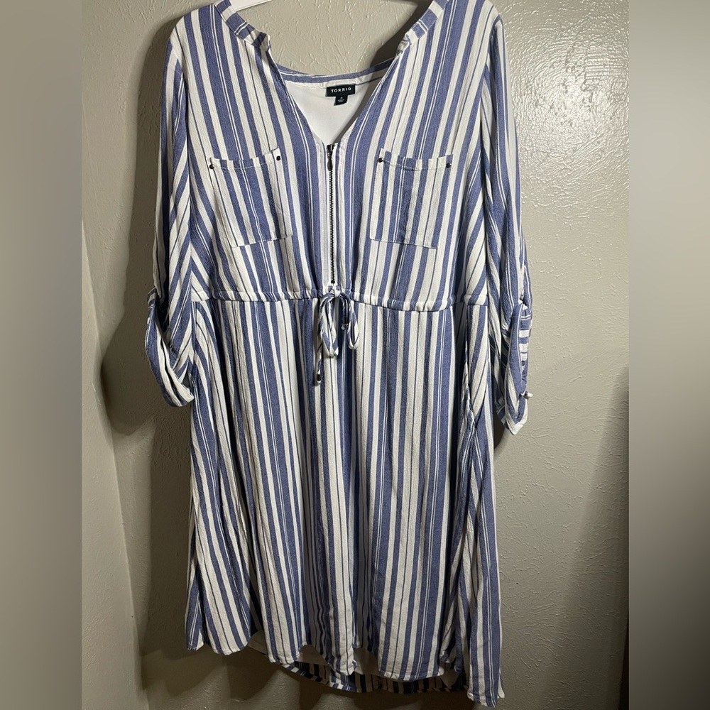 Blue and white candy striped v neck dress